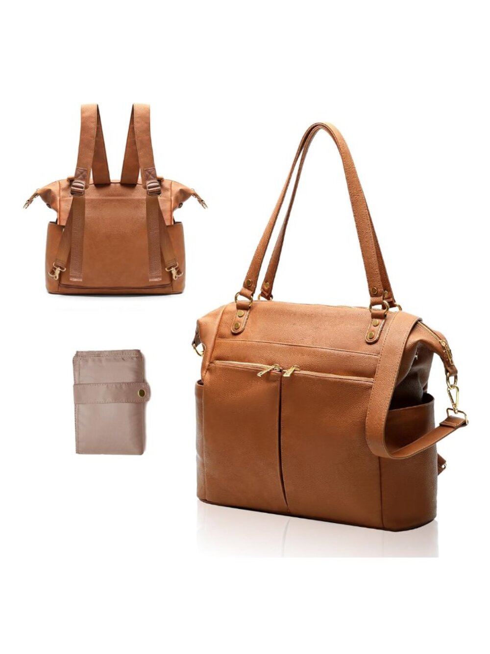 Convertible Diaper Bag Backpack Tote Vegan Leather Waterproof Nylon 13 Pockets